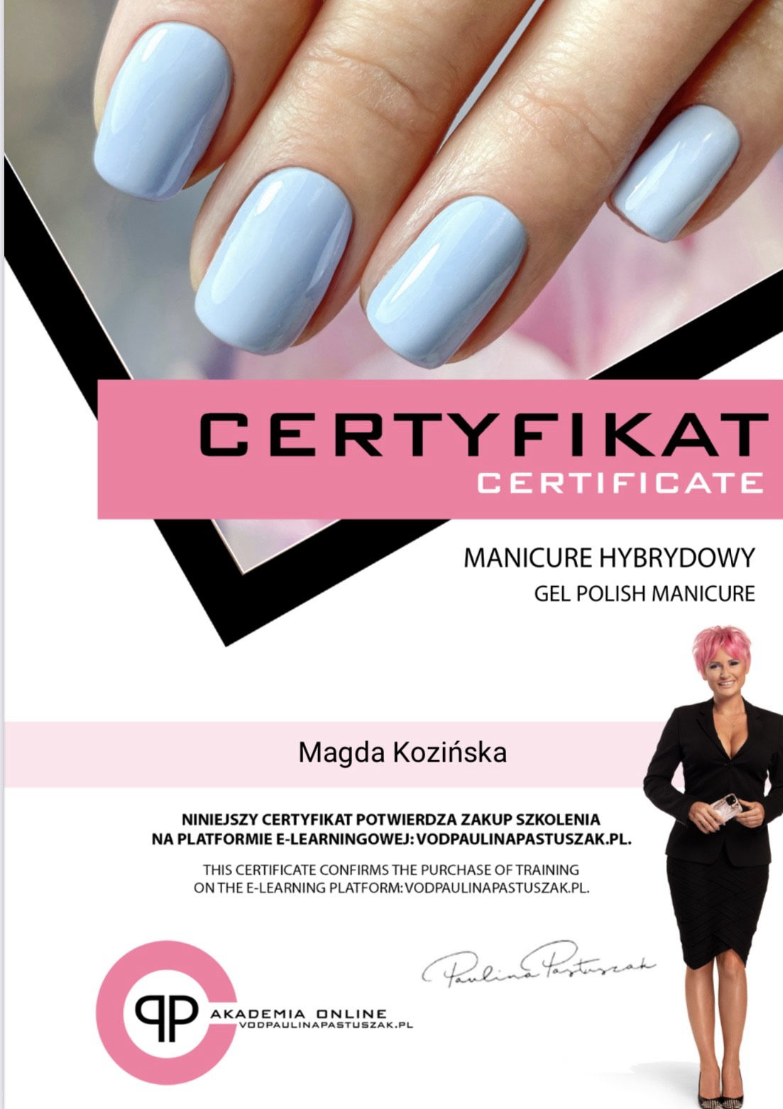 certyfikat, salon urody, salon kosmetyczny 4Beauty mgr kosmetologii Magda Kozińska, Ciechocinek