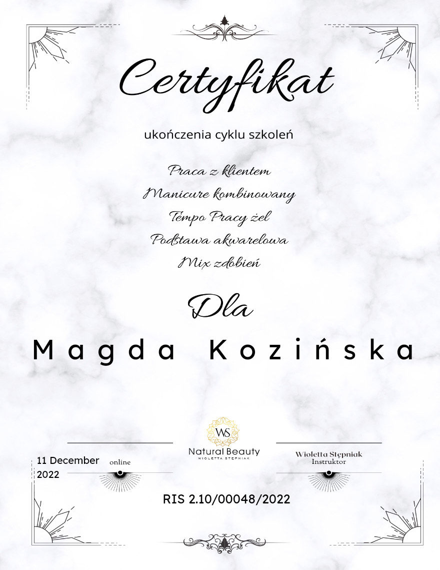 certyfikat, salon urody, salon kosmetyczny 4Beauty mgr kosmetologii Magda Kozińska, Ciechocinek